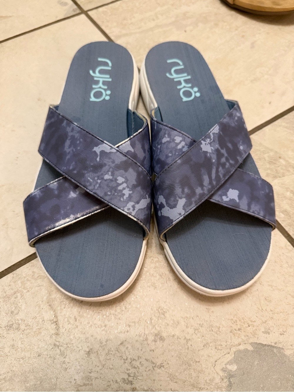 Ryka Navy Patterned Cross-Strap Slide Sandals